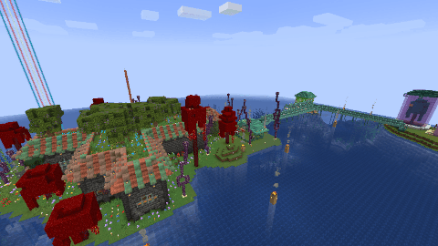An island in the middle of an ocean. There is a blackstone house with a copper roof in varying states of oxidation. A garden with trees and bees is on the roof. Crimson fungi and chorus plants surround the house. A warped plank bridge extends into the ocean. Beacons forming a trans flag can be seen in the background, along with a lightning rod.