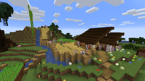 A quaint house and crop garden. The house is made with birch log supports and oak planks, with dark oak slabs and stairs forming the roof. Tall flowers are used as accents. A small river flows downhill next to the garden.