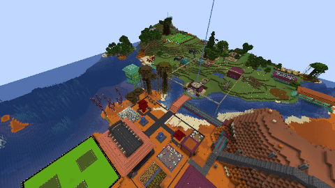 Aerial view of spawn. Plains and mesa separated by a river are on the coast of a great ocean.